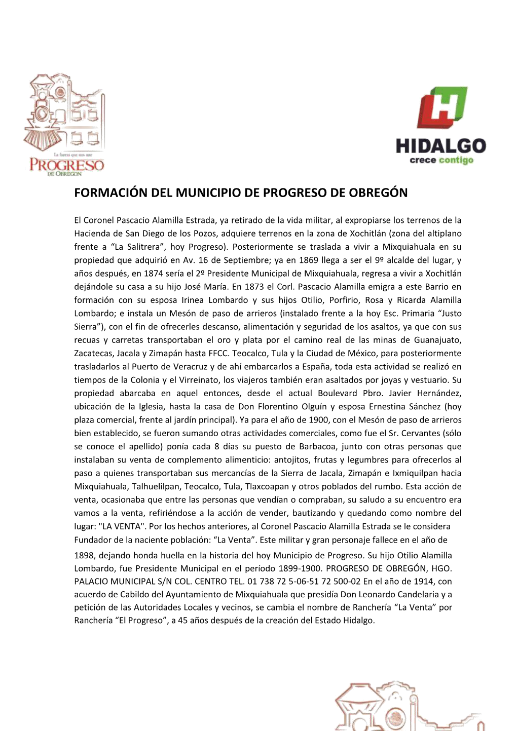 Formación Del Municipio De Progreso De Obregón