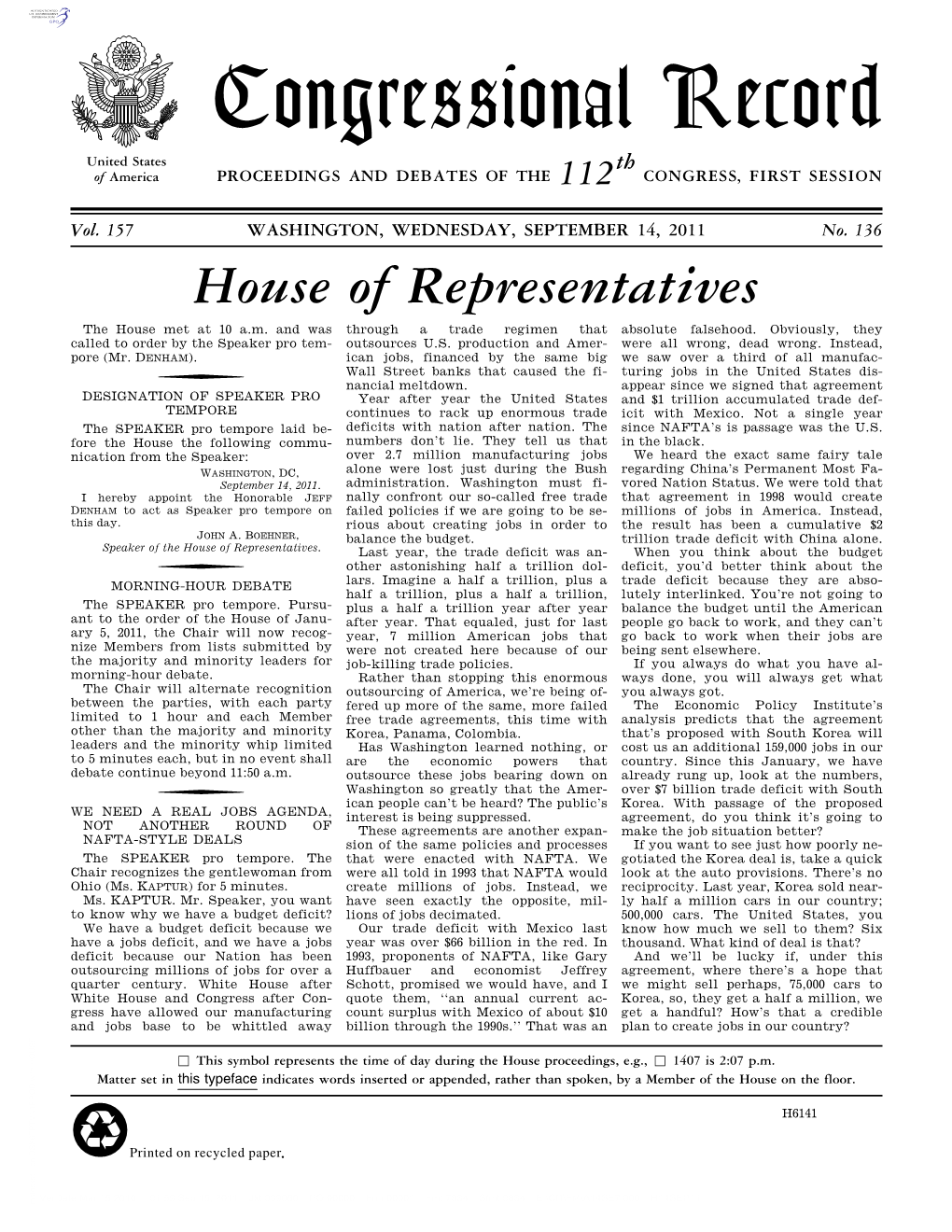 Congressional Record United States Th of America PROCEEDINGS and DEBATES of the 112 CONGRESS, FIRST SESSION