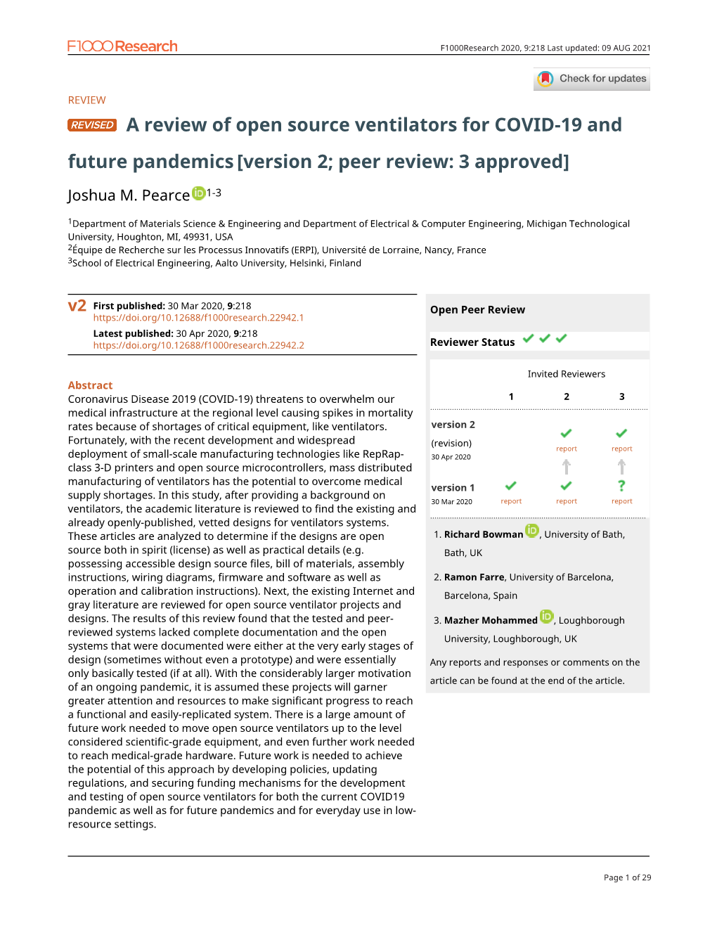 A Review of Open Source Ventilators for COVID-19 and Future Pandemics [Version 2; Peer Review: 3 Approved]