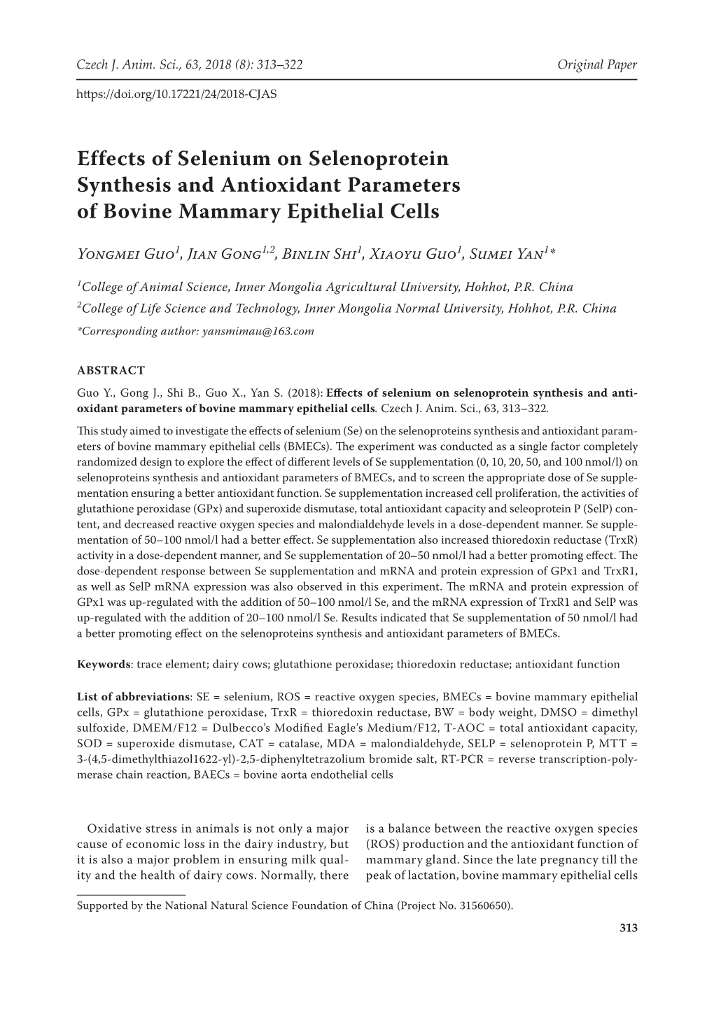 Effects of Selenium on Selenoprotein Synthesis and Antioxidant Parameters of Bovine Mammary Epithelial Cells