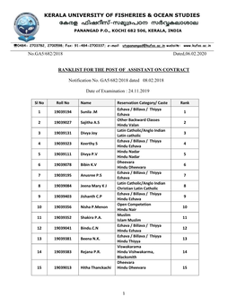 Ranklist for the Post of Assistant on Contract