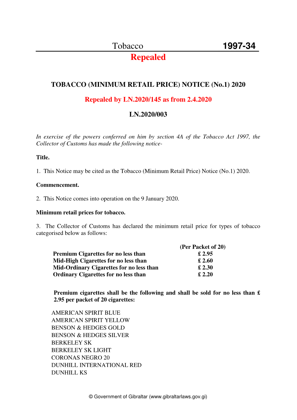 Tobacco 1997-34 Repealed