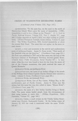 ORIGIN of WASHINGTON GEOGRAPHIC NAMES [Continued from Volume XII, Page 218.] QUEENHITHE. "To the Open Bay, on the Coast To