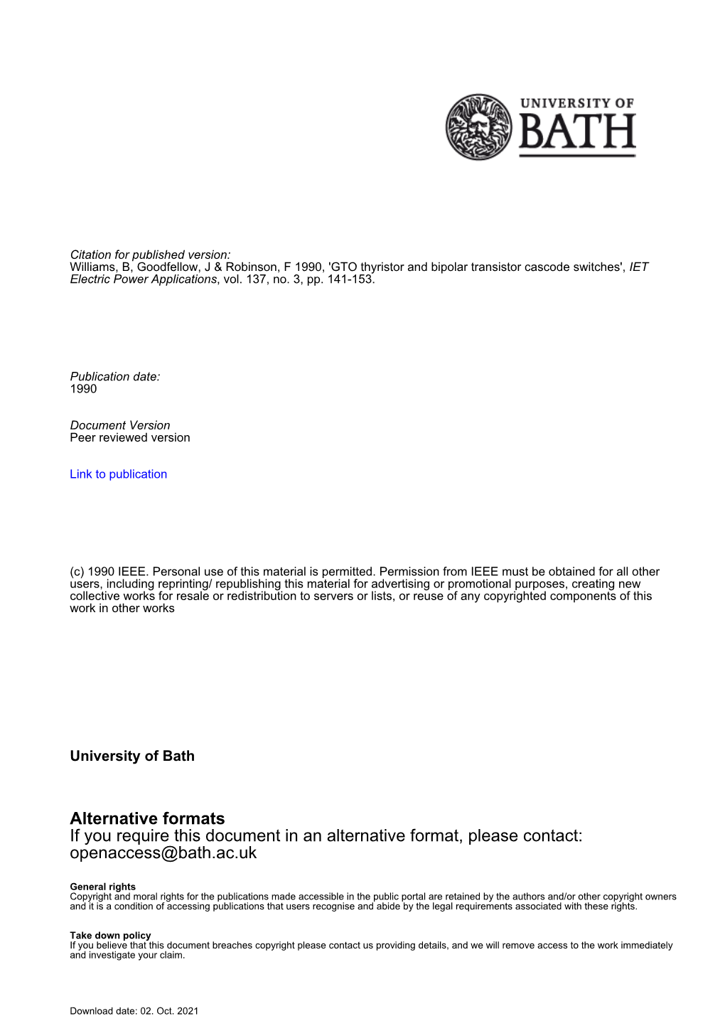 GTO Thyristor and Bipolar Transistor Cascode Switches', IET Electric Power Applications, Vol