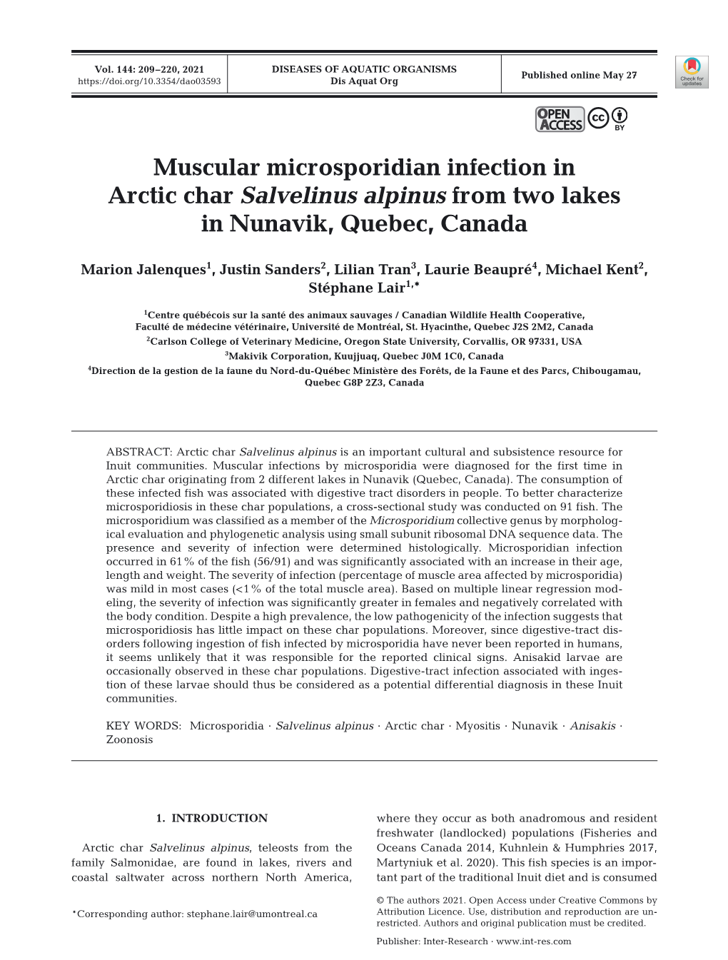 Muscular Microsporidian Infection in Arctic Char Salvelinus Alpinus from Two Lakes in Nunavik, Quebec, Canada