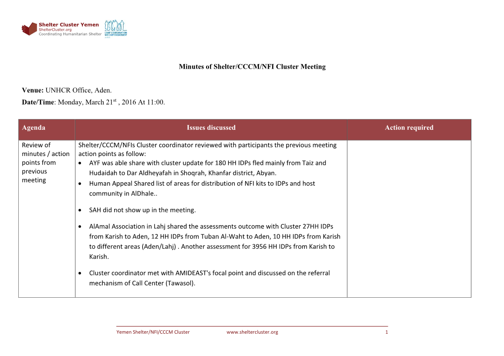 Minutes of Shelter/CCCM/NFI Cluster Meeting Venue: UNHCR Office