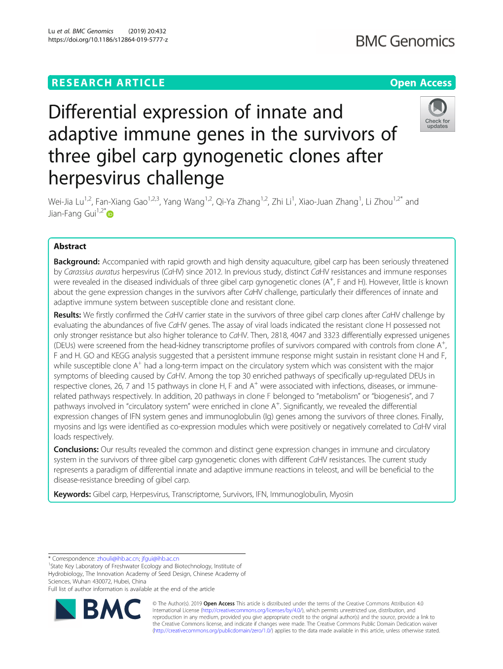 Differential Expression of Innate and Adaptive Immune Genes in the Survivors of Three Gibel Carp Gynogenetic Clones After Herpes