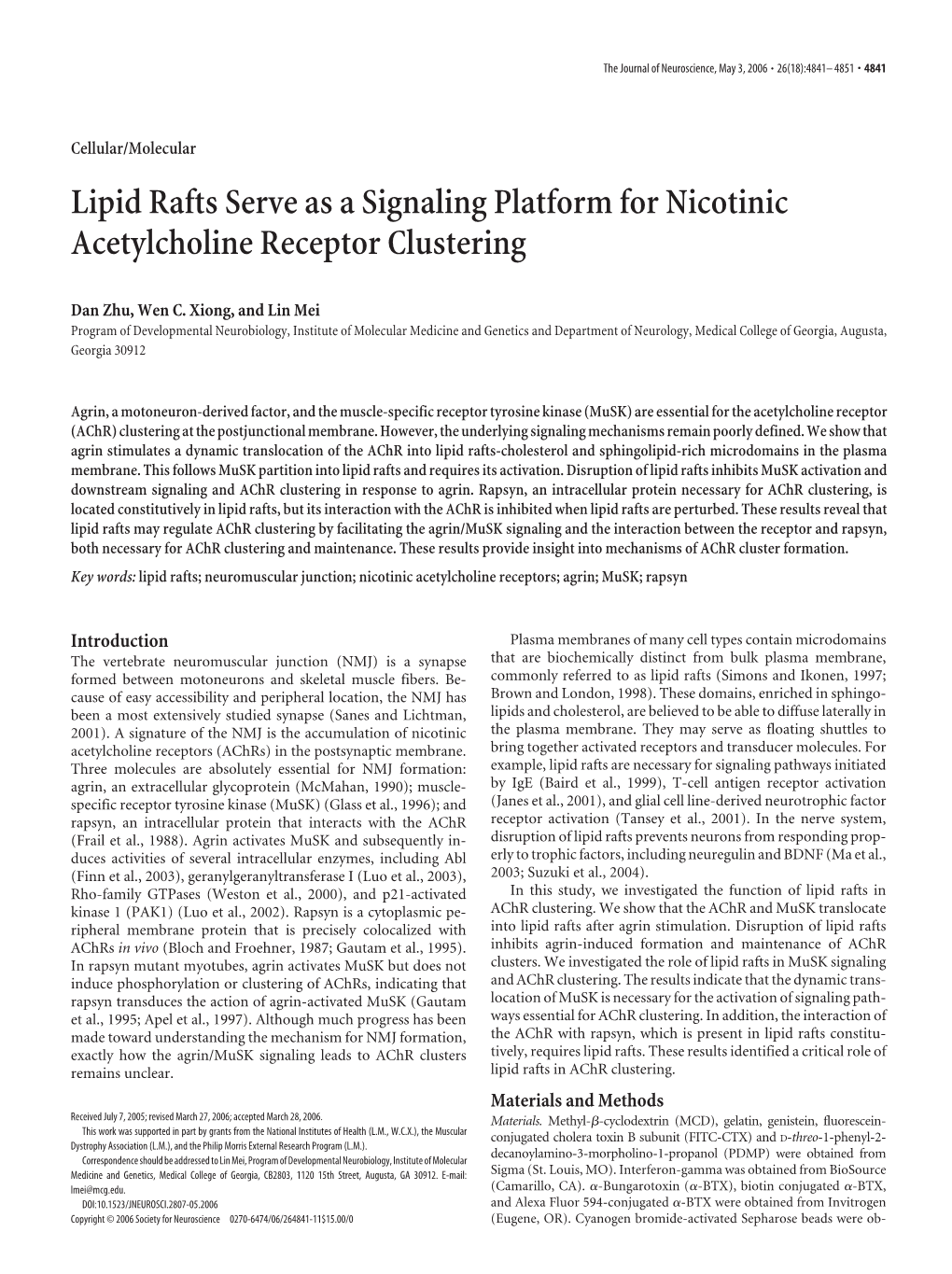 Lipid Rafts Serve As a Signaling Platform for Nicotinic Acetylcholine Receptor Clustering