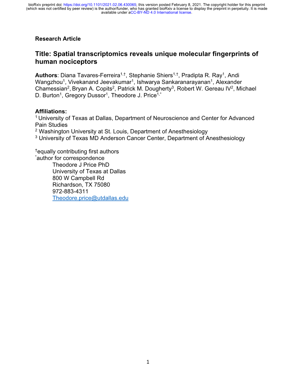 Spatial Transcriptomics Reveals Unique Molecular Fingerprints of Human Nociceptors