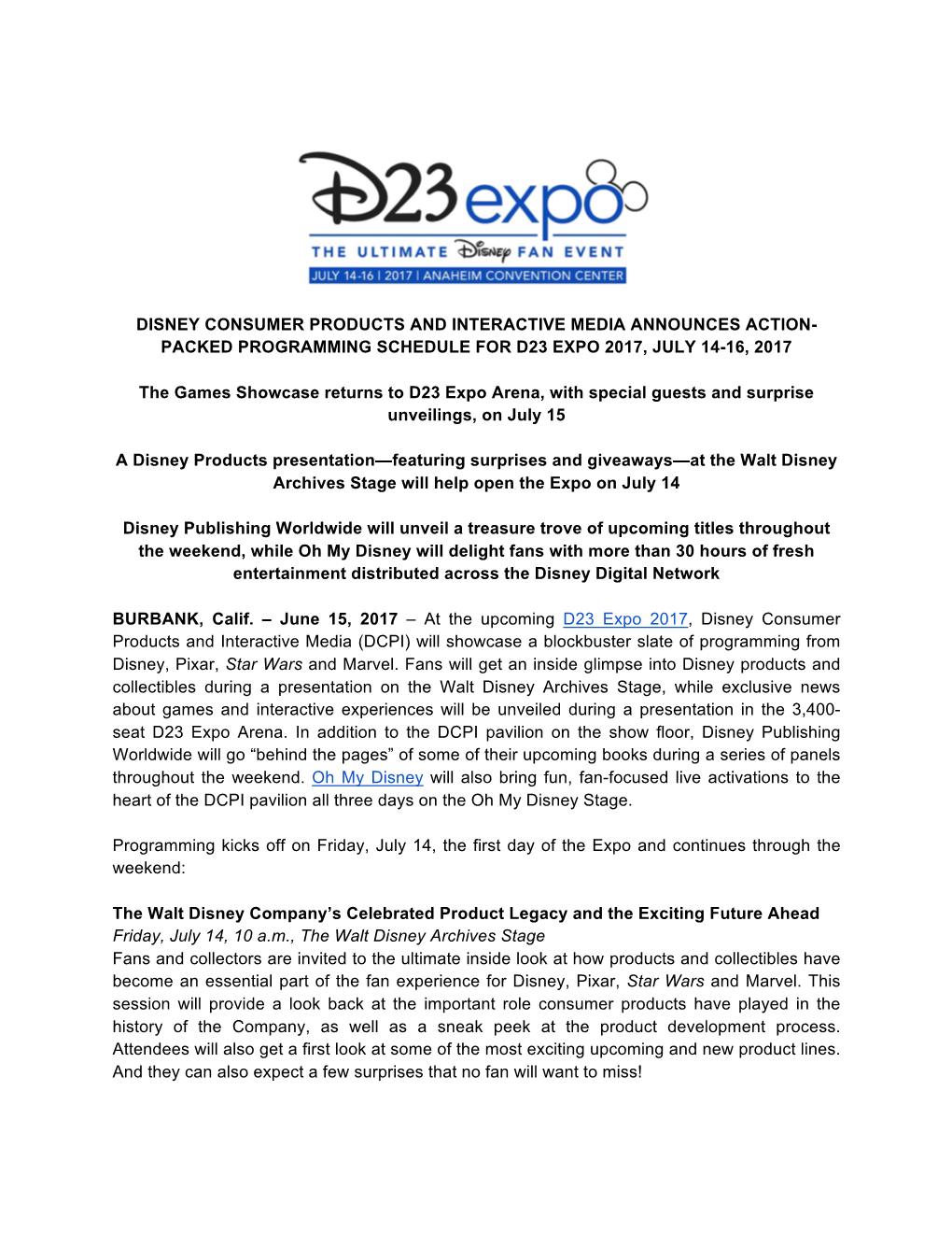 Packed Programming Schedule for D23 Expo 2017, July 14-16, 2017