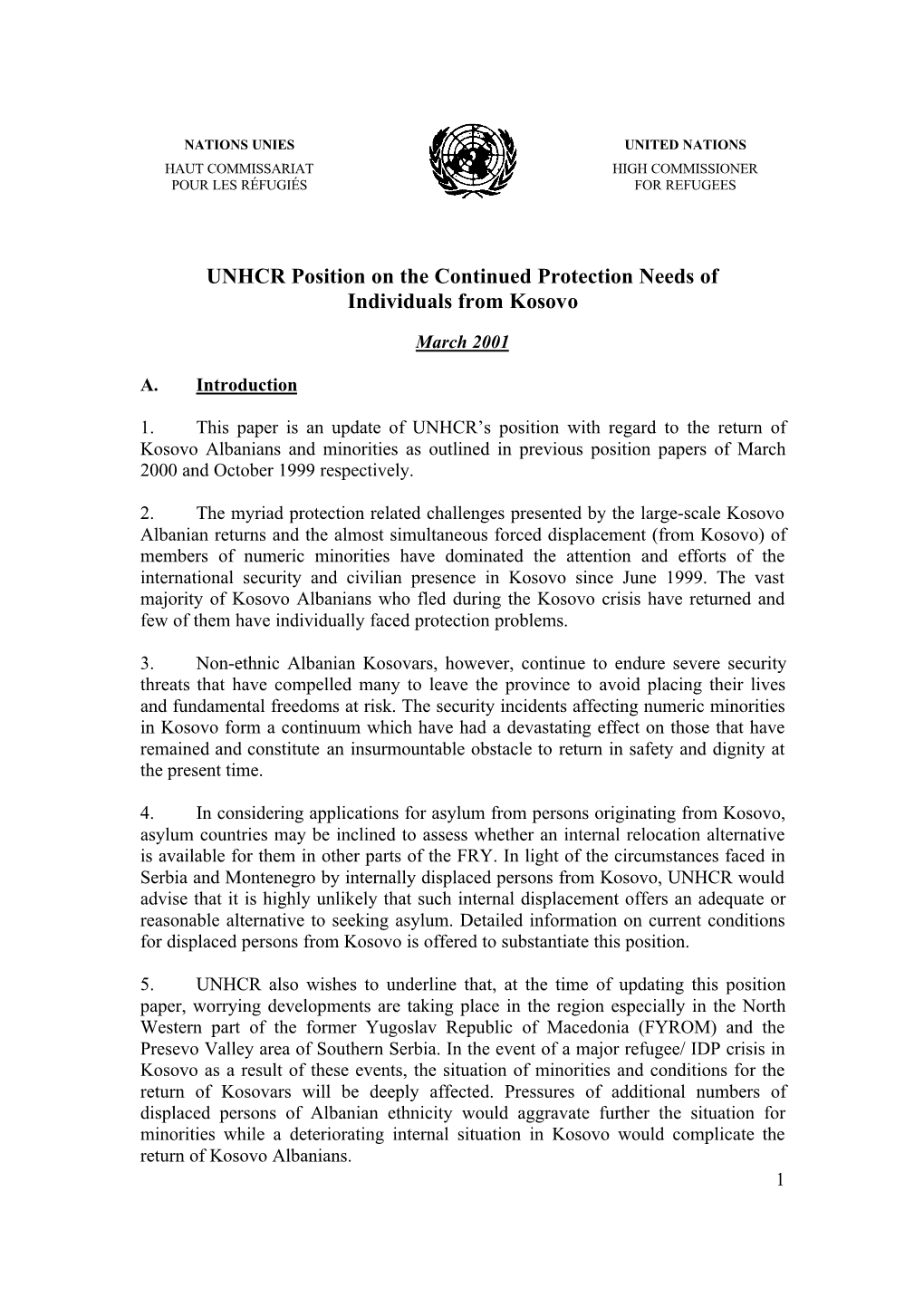 UNHCR Position on the Continued Protection Needs of Individuals from Kosovo