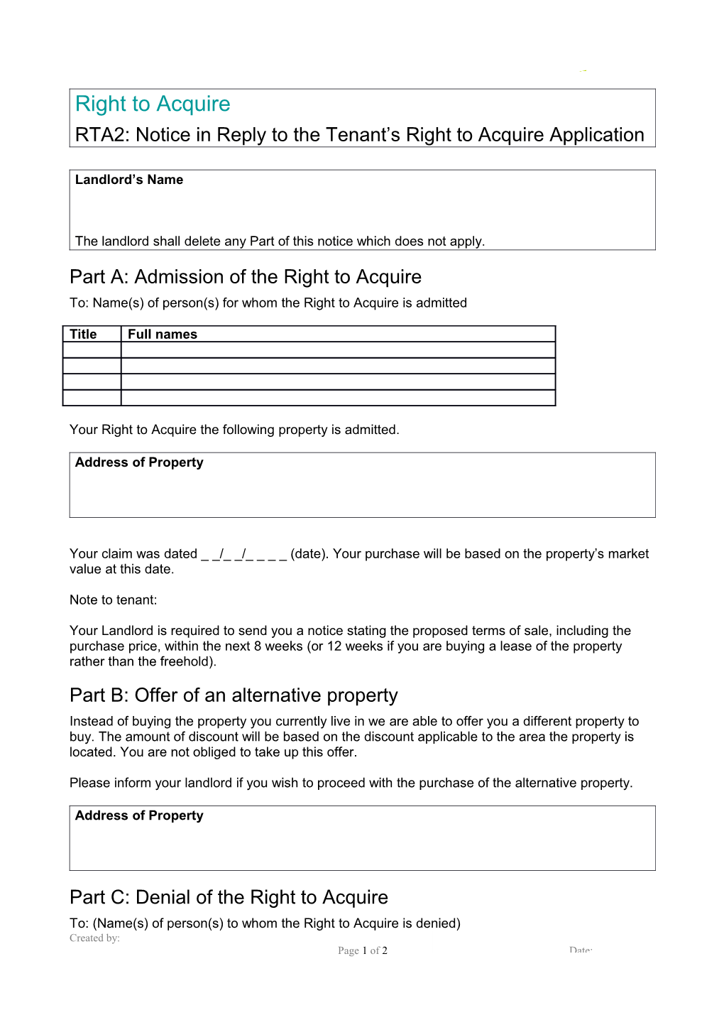 RTA2: Notice in Reply to the Tenant S Right to Acquire Application