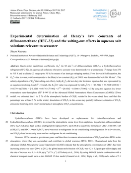 Experimental Determination of Henry's Law Constants of Difluoromethane