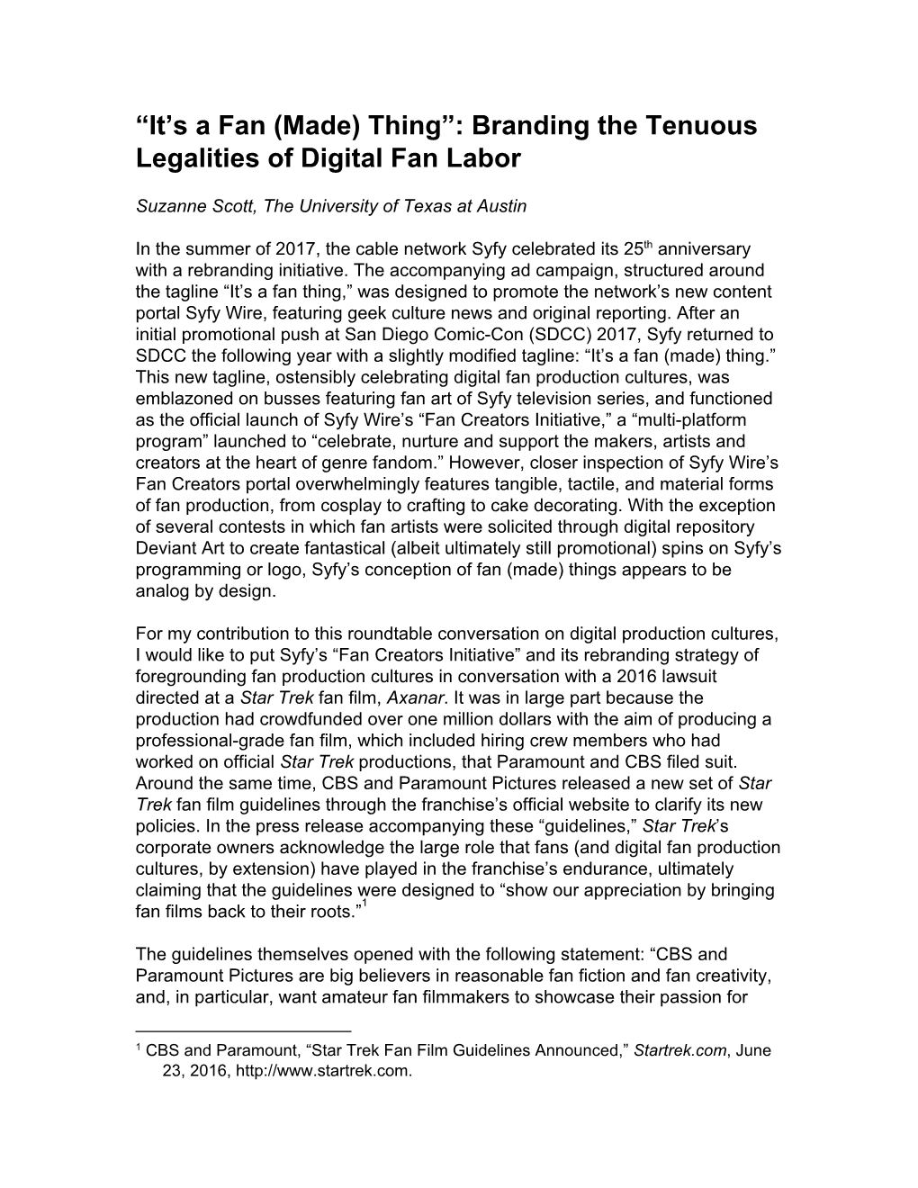 “It's a Fan (Made) Thing”: Branding the Tenuous Legalities of Digital Fan Labor