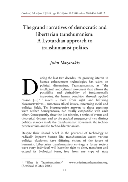 The Grand Narratives of Democratic and Libertarian Transhumanism: a Lyotardian Approach to Transhumanist Politics