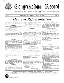 Congressional Record United States Th of America PROCEEDINGS and DEBATES of the 116 CONGRESS, FIRST SESSION