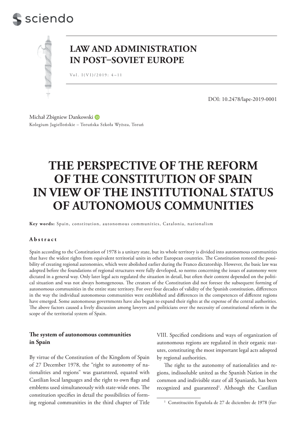 The Perspective of the Reform of the Constitution of Spain in View of the Institutional Status of Autonomous Communities