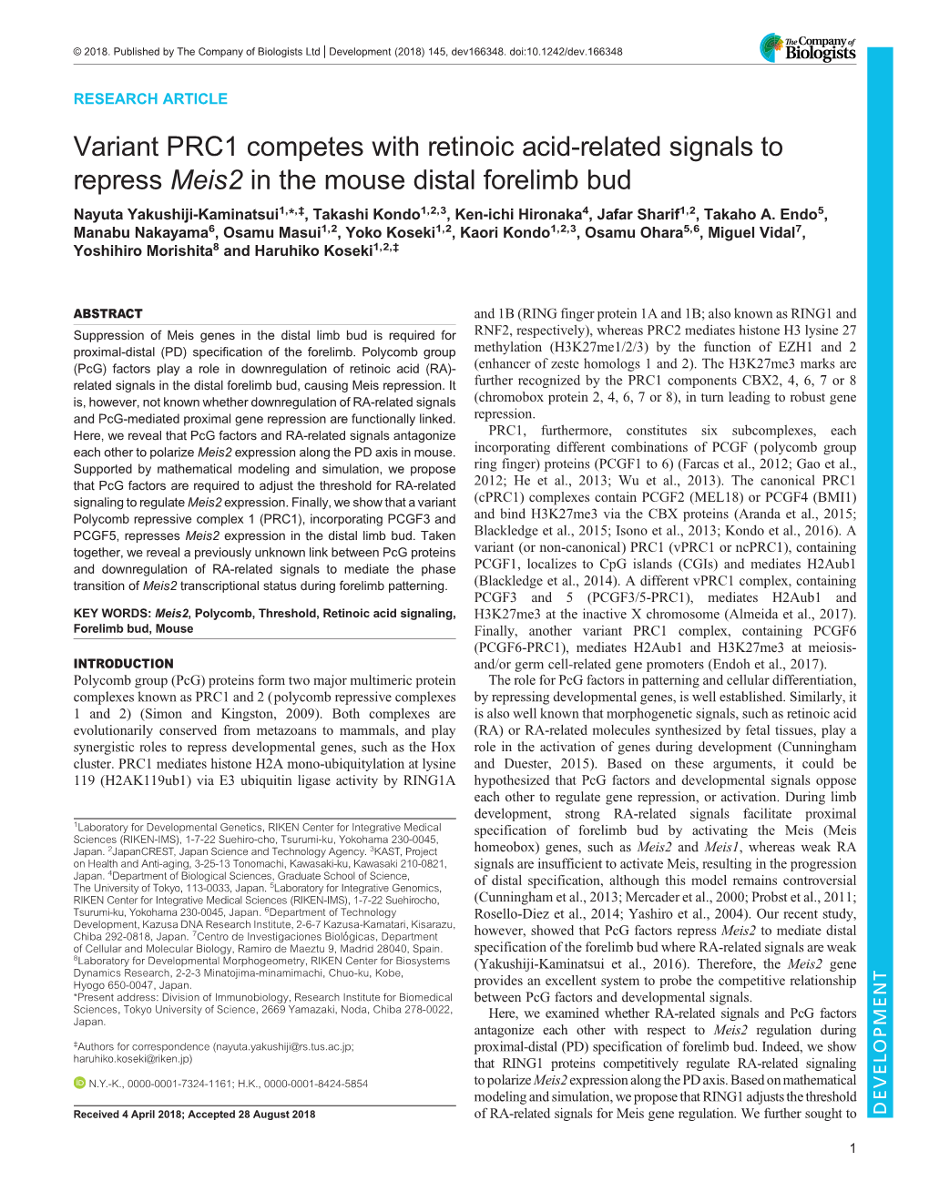 Variant PRC1 Competes with Retinoic Acid-Related Signals to Repress Meis2 in the Mouse Distal Forelimb