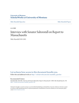 Interview with Senator Saltonstall on Report to Massachusetts Mike Mansfield 1903-2001