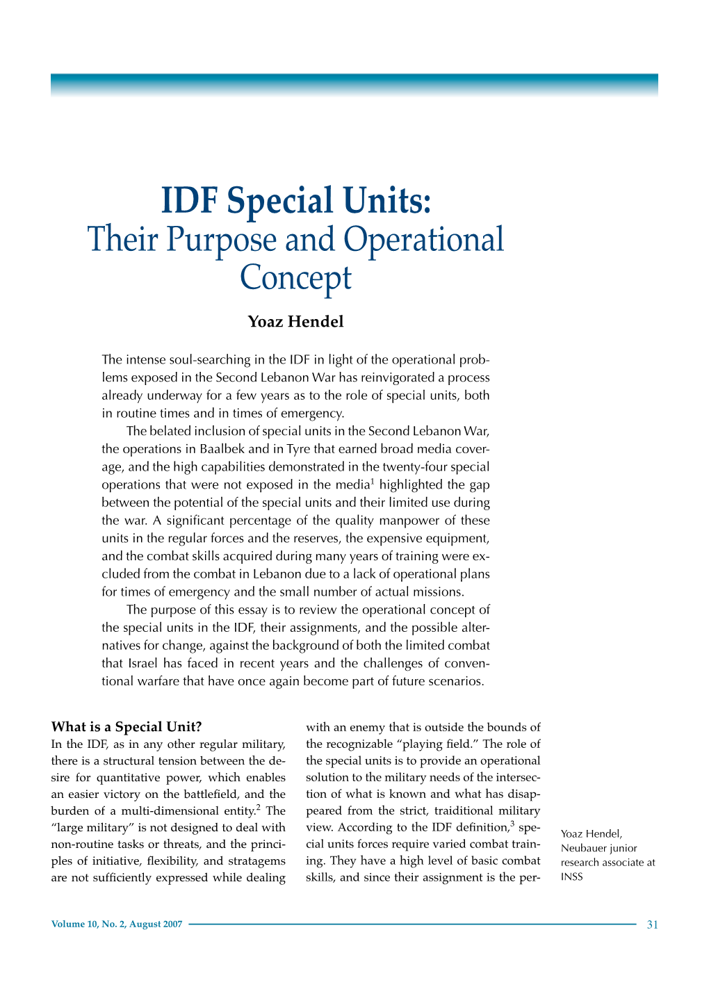 IDF Special Units: Their Purpose and Operational Concept Yoaz Hendel