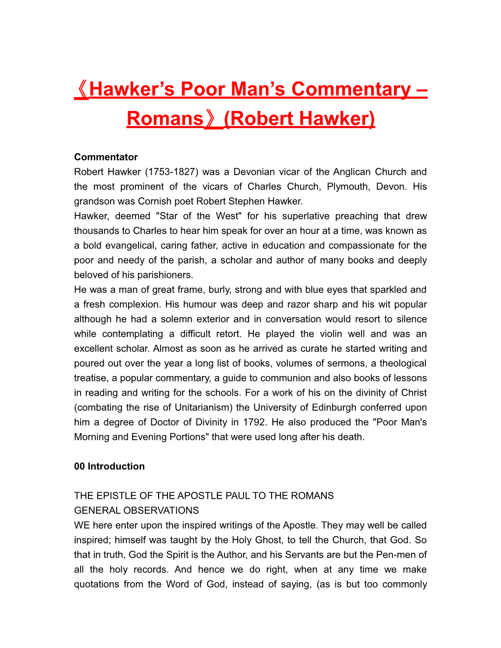 Hawker S Poor Man S Commentary Romans (Robert Hawker)