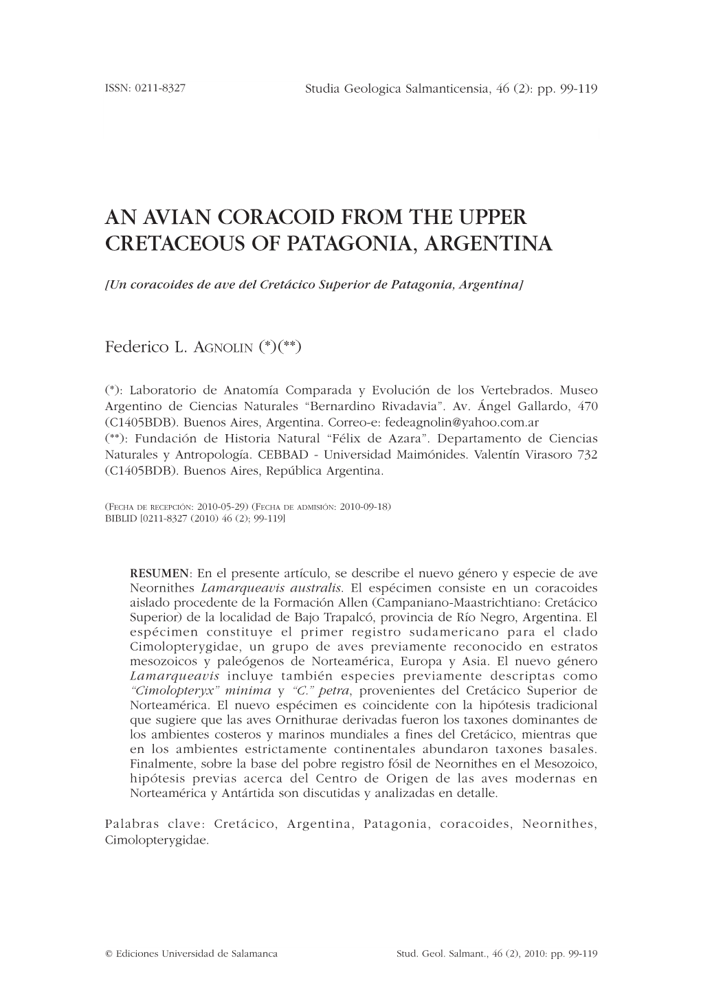 An Avian Coracoid from the Upper Cretaceous of Patagonia, Argentina