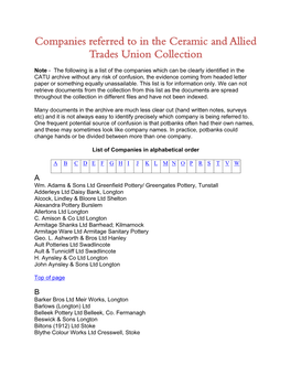 Companies Referred to in the Ceramic and Allied Trades Union Collection