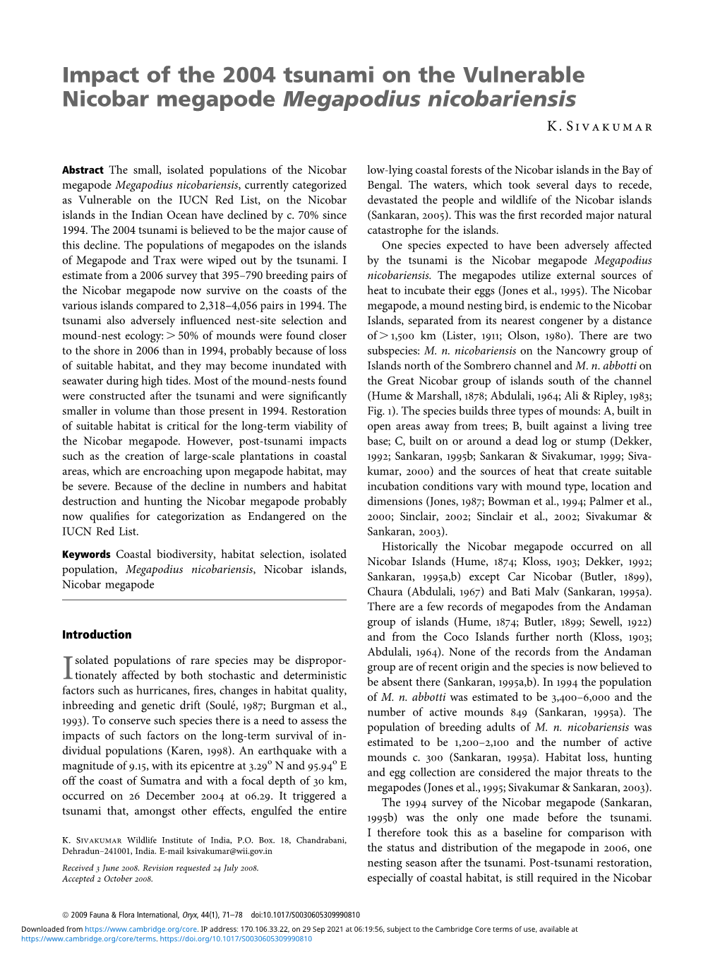 Impact of the 2004 Tsunami on the Vulnerable Nicobar Megapode Megapodius Nicobariensis K