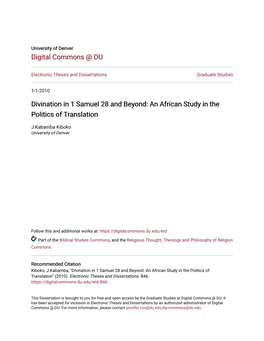 Divination in 1 Samuel 28 and Beyond: an African Study in the Politics of Translation