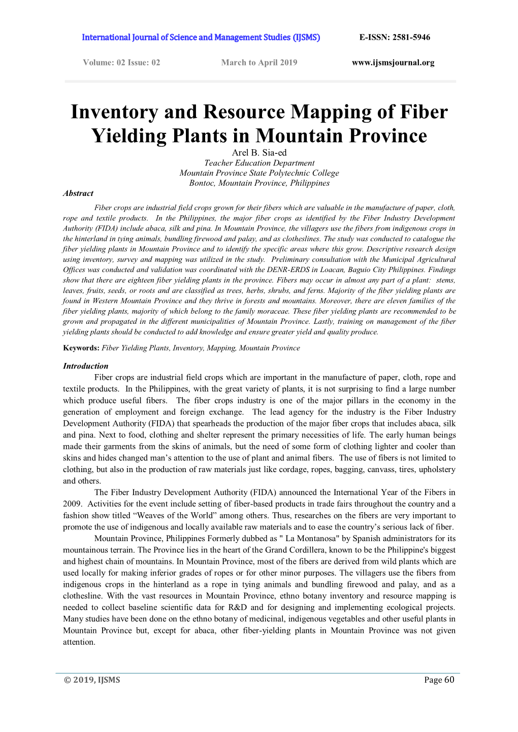 Inventory and Resource Mapping of Fiber Yielding Plants in Mountain Province Arel B