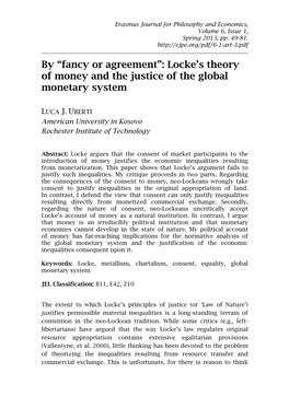 By “Fancy Or Agreement”: Locke's Theory of Money and the Justice of the Global Monetary System