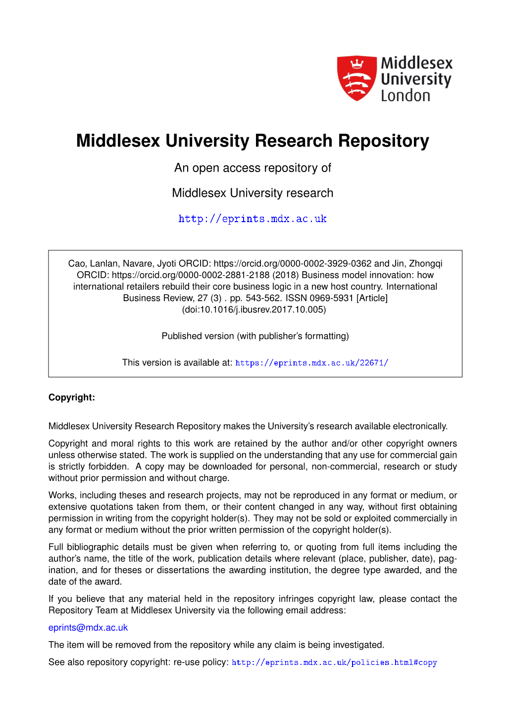 Middlesex University Research Repository an Open Access Repository Of