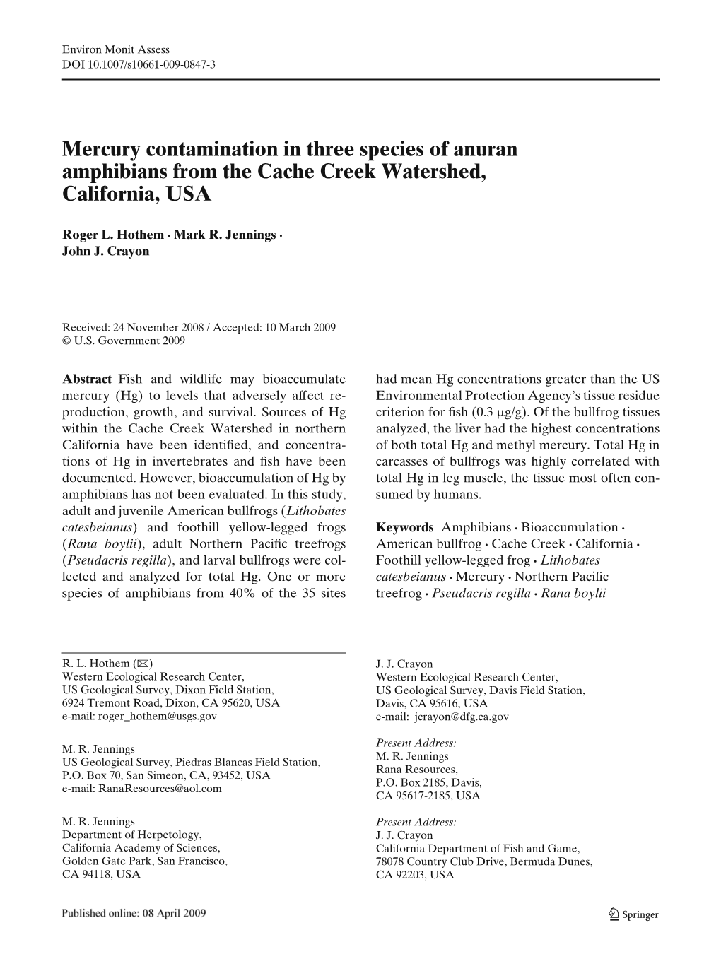 Mercury Contamination in Three Species of Anuran Amphibians from the Cache Creek Watershed, California, USA