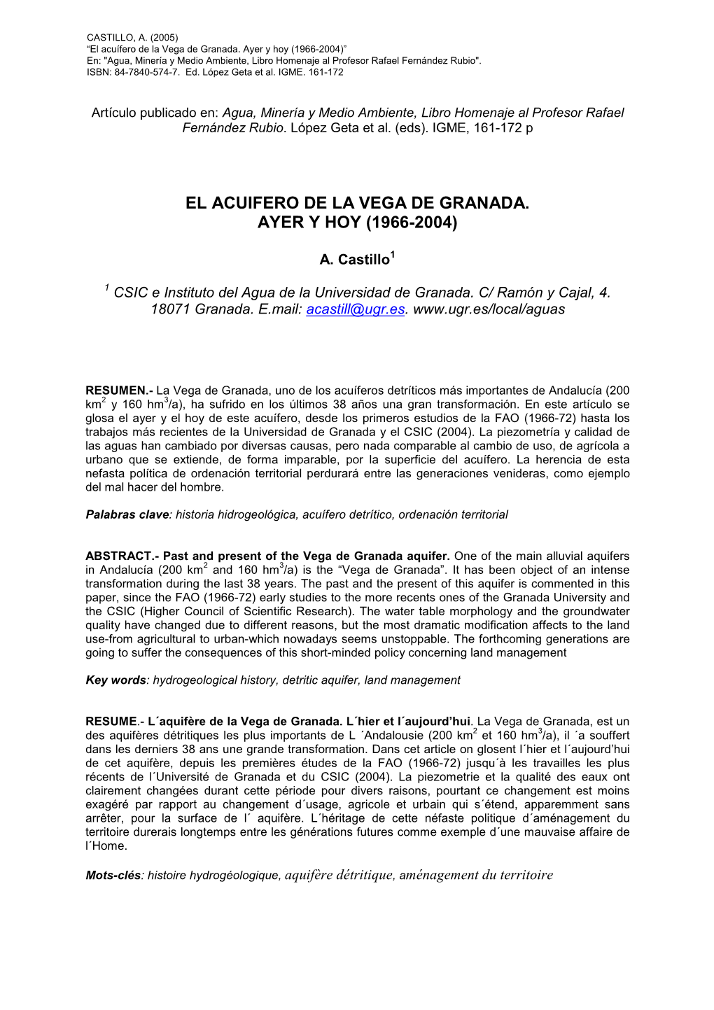 El Acuifero De La Vega De Granada. Ayer Y Hoy (1966-2004)