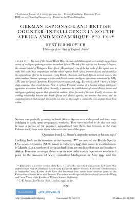 German Espionage and British Counter-Intelligence in South Africa and Mozambique, 1939 –1944 *