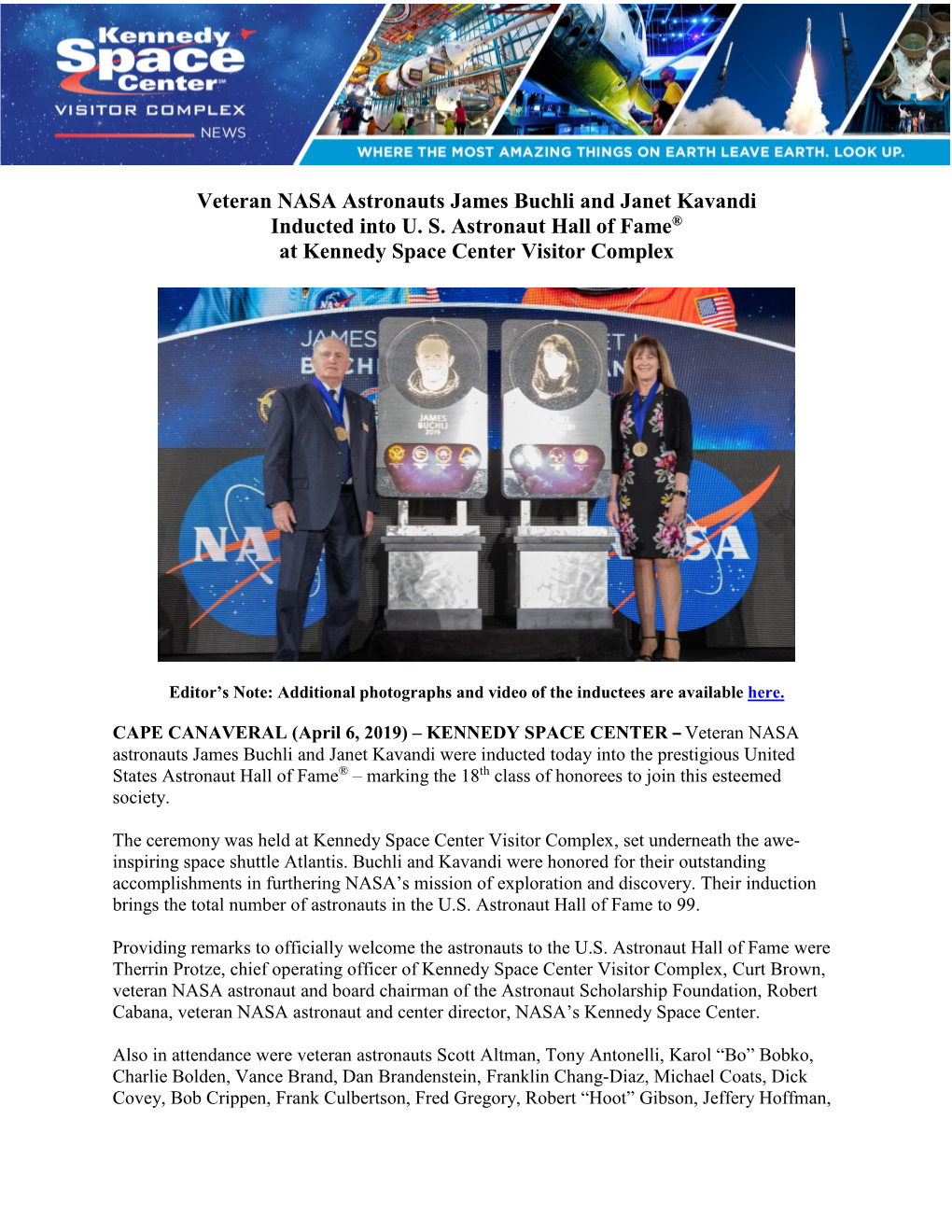 Veteran NASA Astronauts James Buchli and Janet Kavandi Inducted Into U