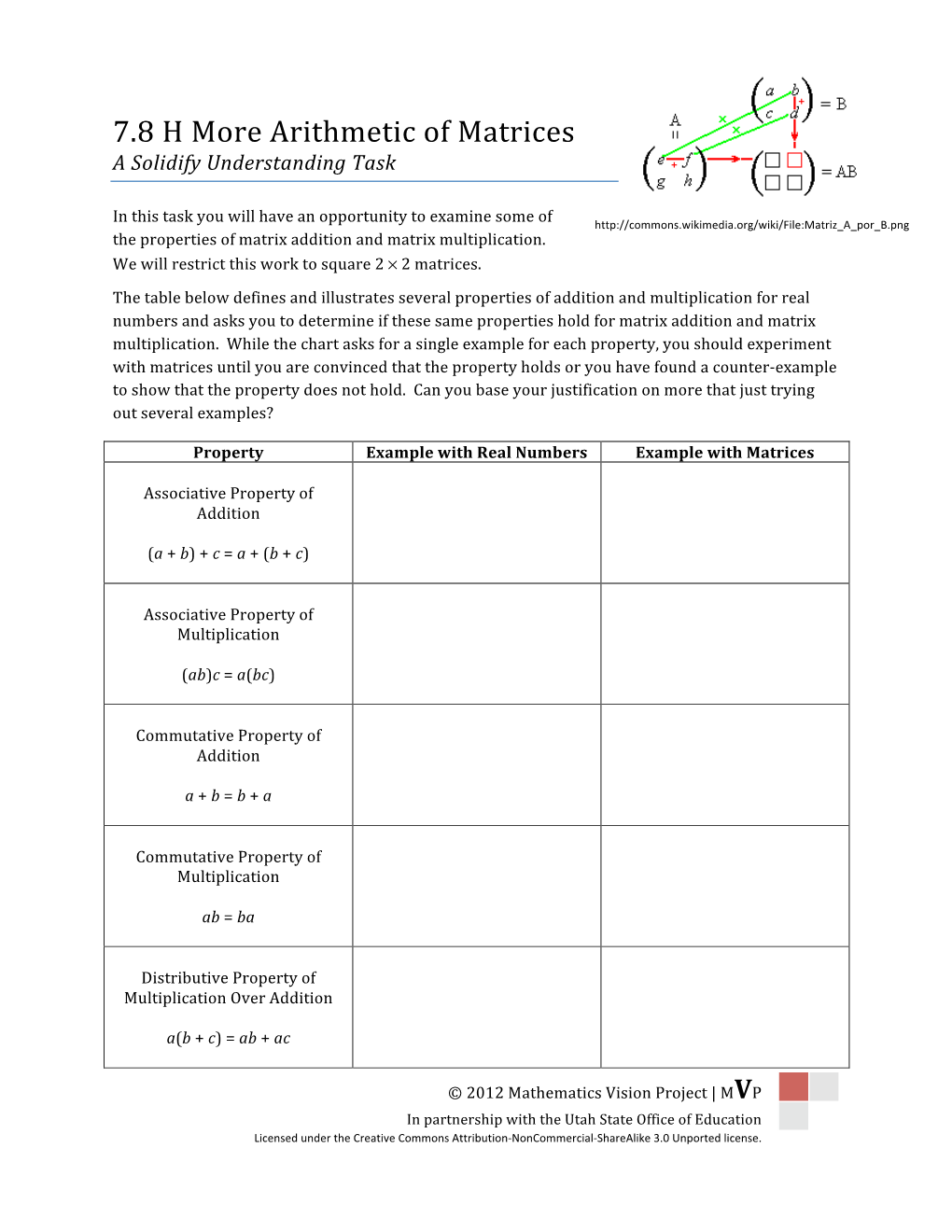 7.8 H More Arithmetic of Matrices a Solidify Understanding Task