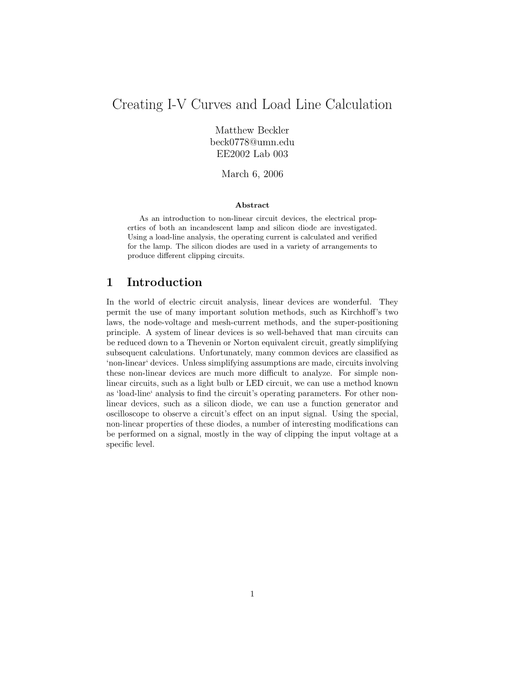 Creating I-V Curves and Load Line Calculation