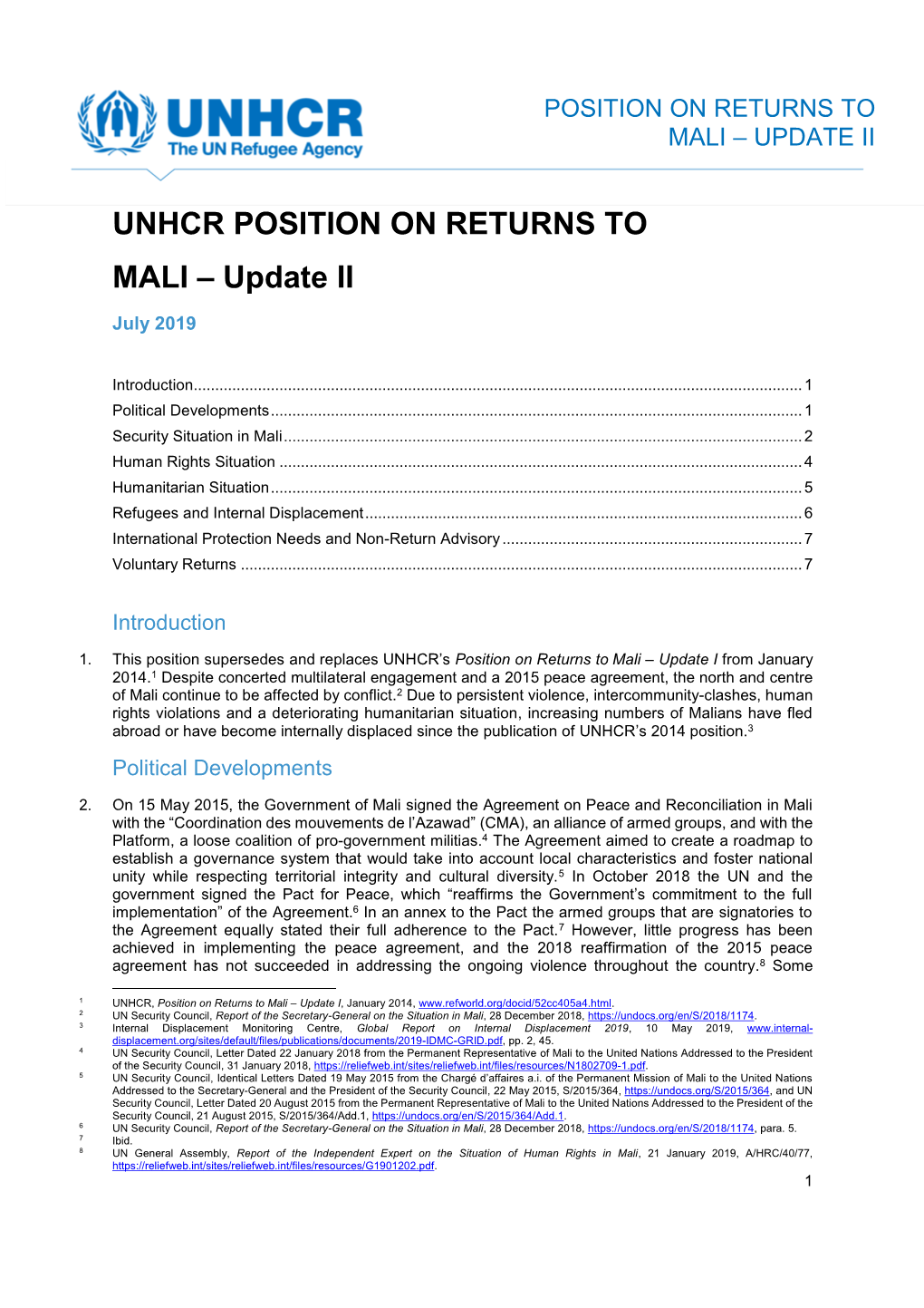 UNHCR POSITION on RETURNS to MALI – Update II