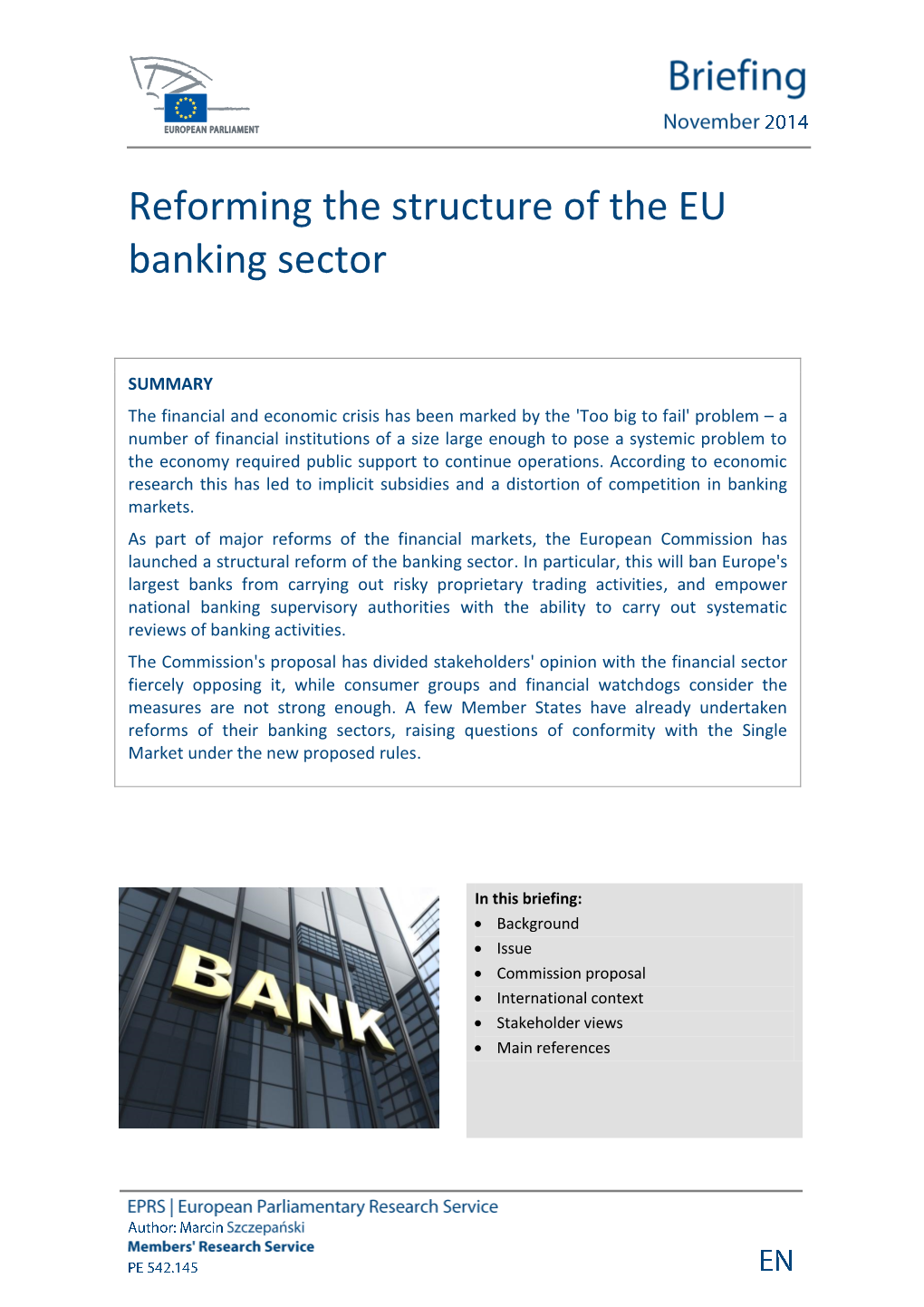 Reforming the Structure of the EU Banking Sector