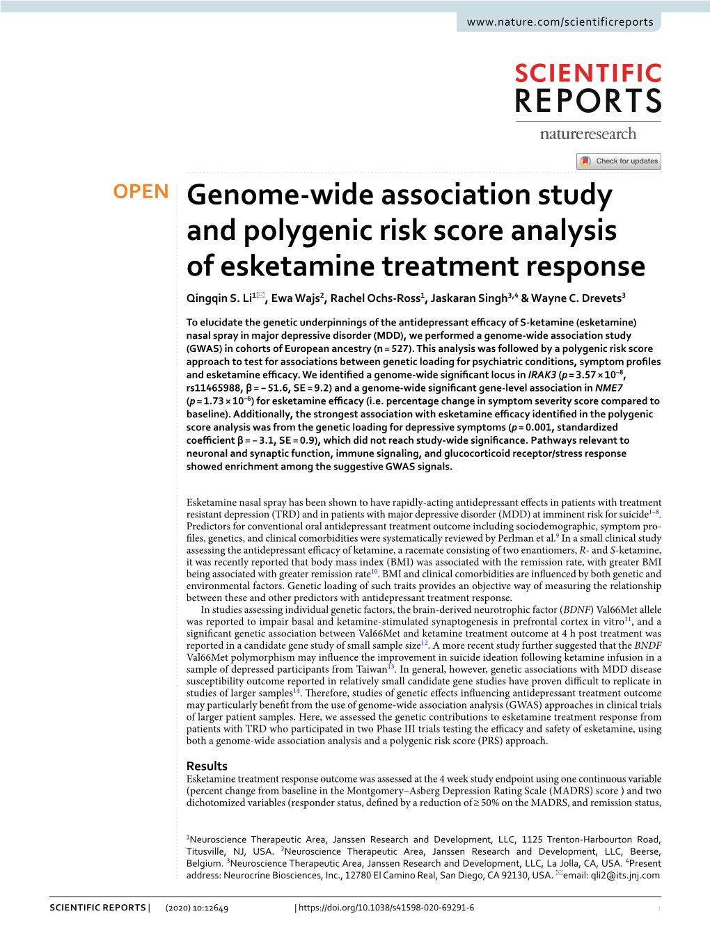 Genome-Wide Association Study and Polygenic Risk Score Analysis Of