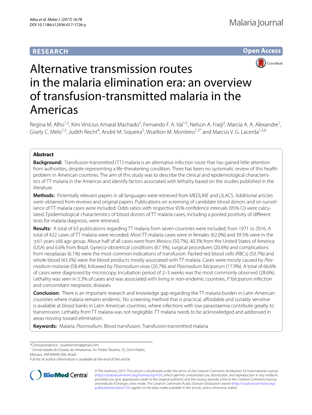 An Overview of Transfusion-Transmitted Malaria in the Americas