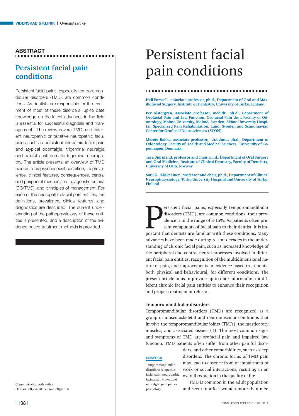 Persistent Facial Pain Conditions Pain Conditions