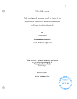Université De Montréal Étude Sociologique De La Musique Actuelle Au Québec : Le Cas Des Productions Supermusique Et Du Festi