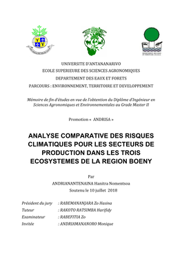 Analyse Comparative Des Risques Climatiques Pour Les Secteurs De Production Dans Les Trois Ecosystemes De La Region Boeny