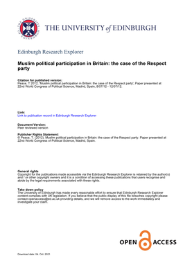 Muslim Political Participation in Britain: the Case of the Respect Party