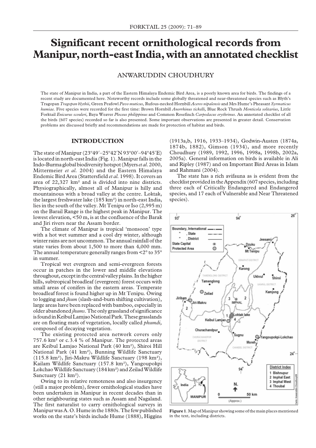 Significant Recent Ornithological Records from Manipur, North-East India, with an Annotated Checklist