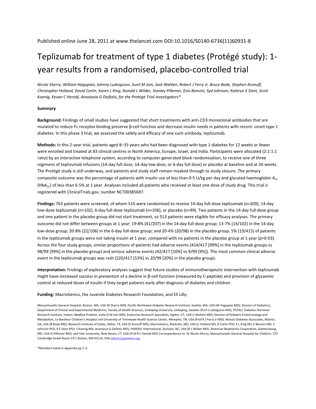 Teplizumab for Treatment of Type 1 Diabetes (Protégé Study): 1‐ Year Results from a Randomised, Placebo‐Controlled Trial