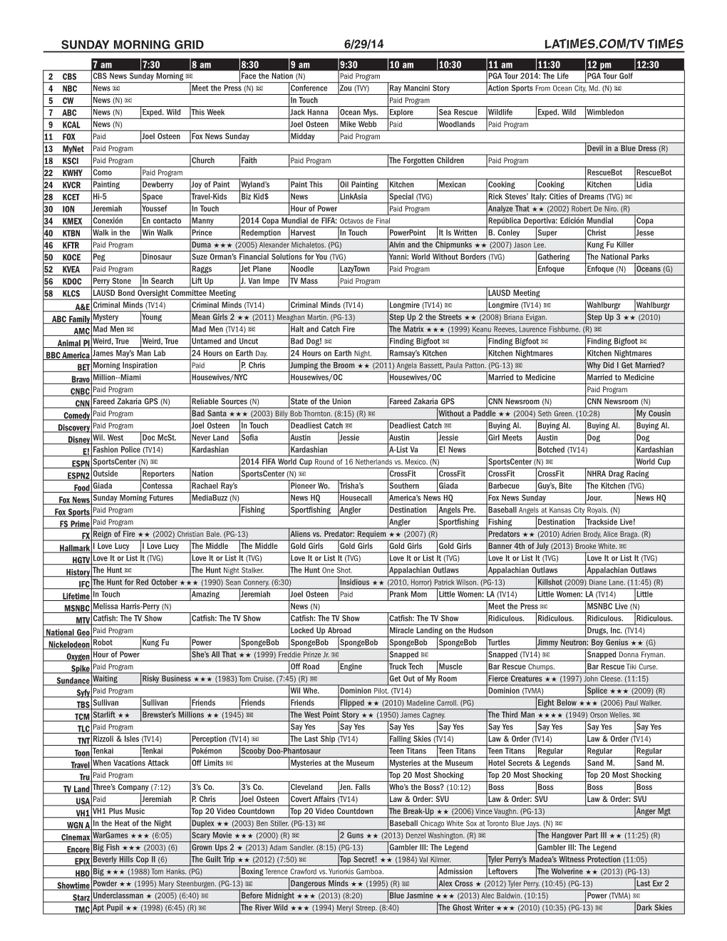 Sunday Morning Grid 6/29/14 Latimes.Com/Tv Times