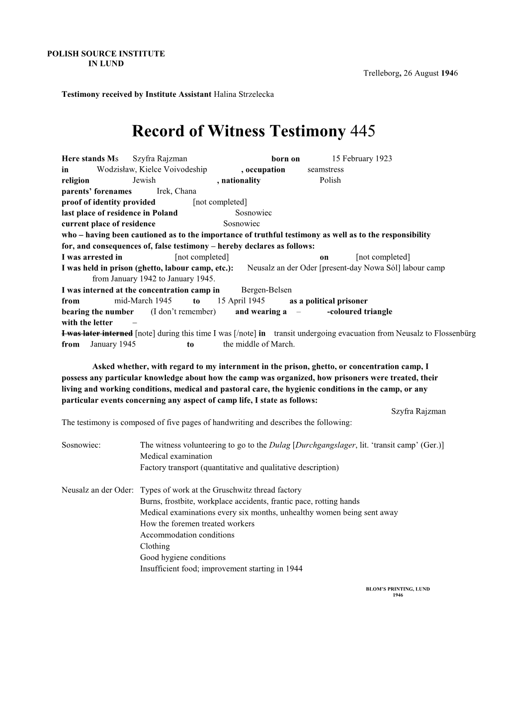 Record of Witness Testimony 445